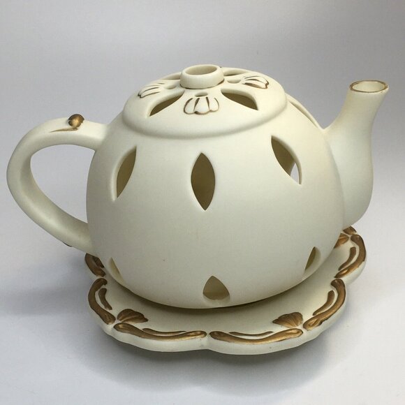 Partylite P7301 Tea Time Teapot Tealight Candle Holder Cream Gold Bisque Ceramic - Picture 4 of 9